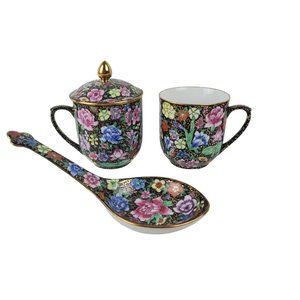 Chinese Floral Ceramic Coffee Mug: Hand-Painted with Creamer, Spoon Rest, Bell